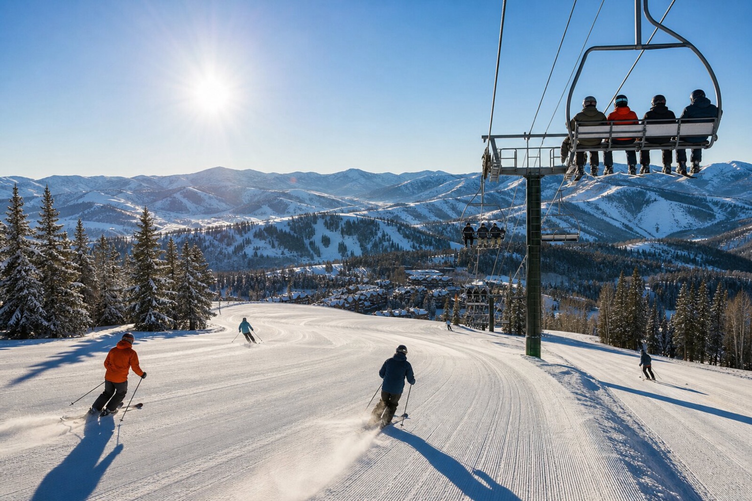Chairlift over groomed slopes on a sunny bluebird day at Deer Valley Resort