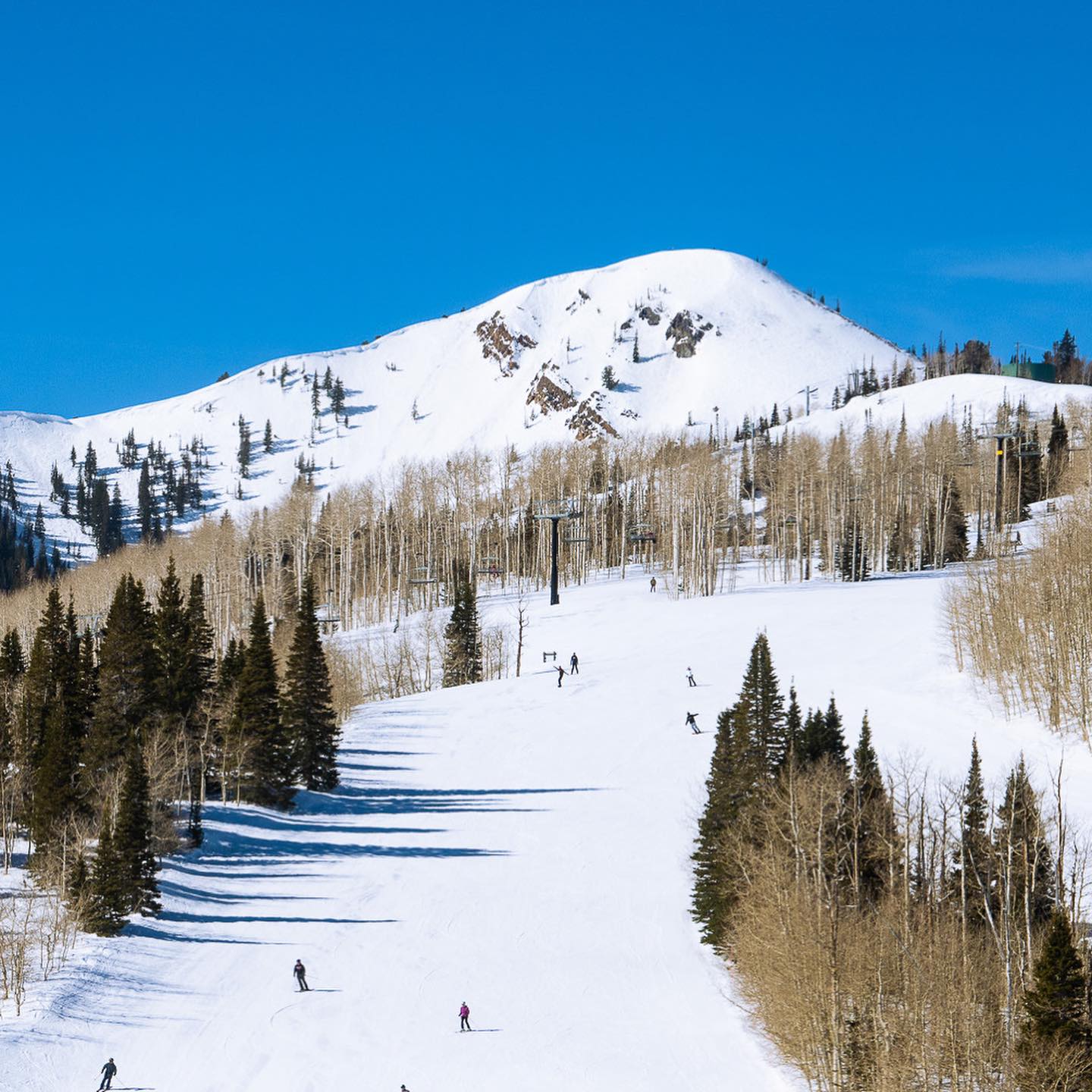 Skiers on a groomed bluebird-day run at Park City Mountain Resort